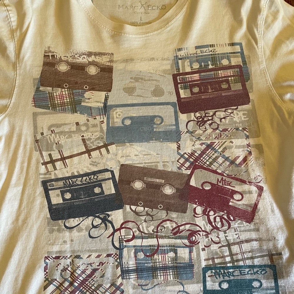 Vintage Marc Ecko Cut & Sew T-shirt with cassette tapes design.